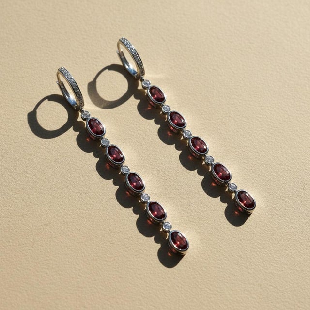Metal Garnet Huggie Drop Earrings, Silver, Gold, Pair For Sale - Image 7 of 7