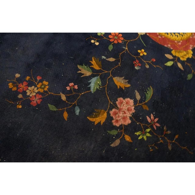 1920s 1920s Navy Blue Floral Vase Antique Chinese Art Deco Carpet 8' 10" X 11' 6" Knotted Wool Rug For Sale - Image 5 of 6