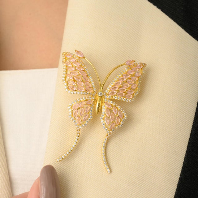 Metal Yellow Gold Butterfly Brooch in 925 Silver Adorned With Marquise Cut Pink Cz Diamonds For Sale - Image 7 of 10
