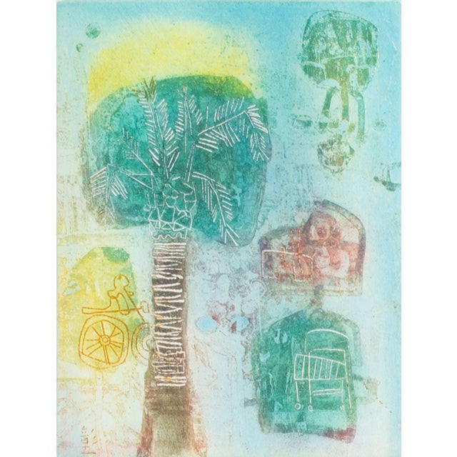 An intaglio print by the Japanese artist Shoichi Hasegawa (1929-2023). This abstract work depicts a palm tree with a...