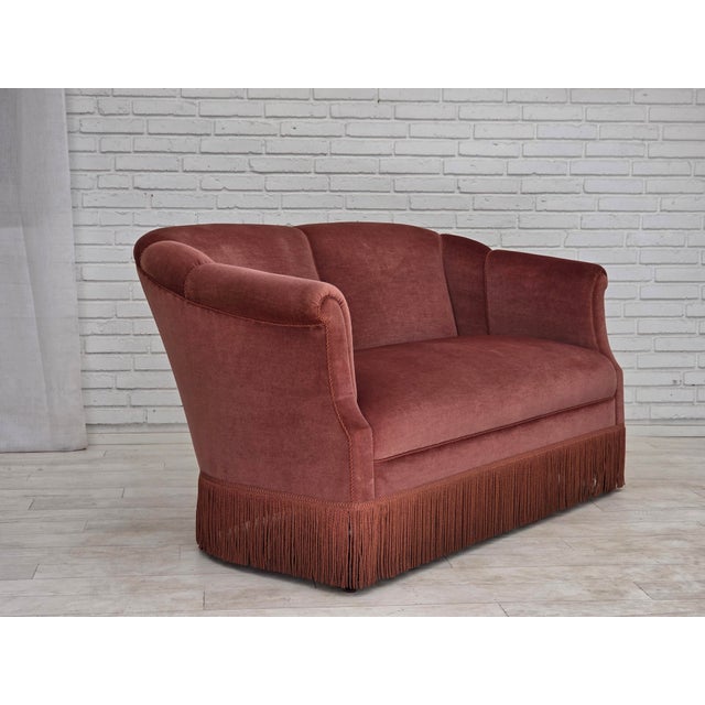 1960s, Danish 2-seater sofa. Original pink furniture velour, beech wood legs, springs in the seat. Original good...
