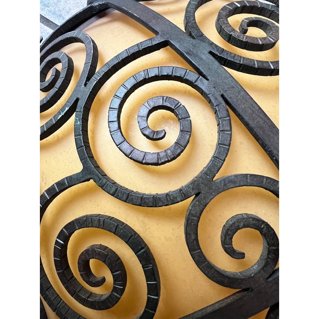 Art Deco Wrought Iron Ceiling Light-Edgar Brandt Style-Amber Glass -17 Inch For Sale - Image 9 of 11
