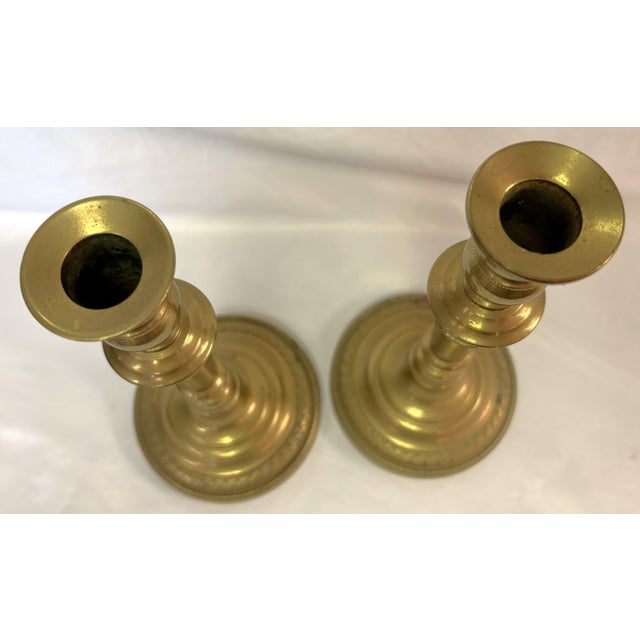 Metal Antique French Brass Candlesticks- A Pair For Sale - Image 7 of 18