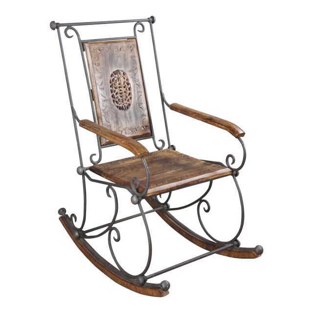 Late 20th Century British Colonial Style Wrought Iron Carved Mahogany Rocking Armchair For Sale