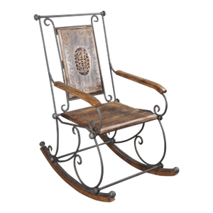 Late 20th Century British Colonial Style Wrought Iron Carved Mahogany Rocking Armchair