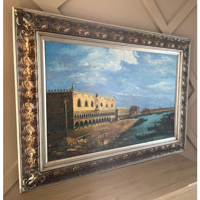 1960s Large Framed Venice Gondola Original Oil Painting on Canvas For Sale - Image 4 of 13