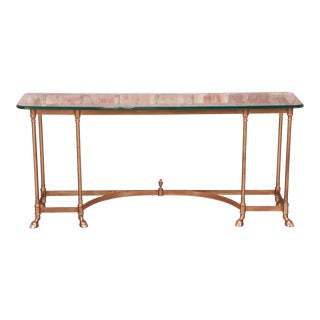 Labarge Hollywood Regency Brass and Glass Hooved Feet Console Table, Circa 1960s For Sale