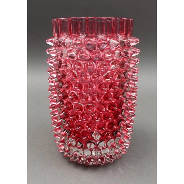 Victorian Hobbs Brockunier & Co. Dew Drop Cranberry Red Hobnail Glass Celery Vase. Measures approximately 4" diameter, 6...