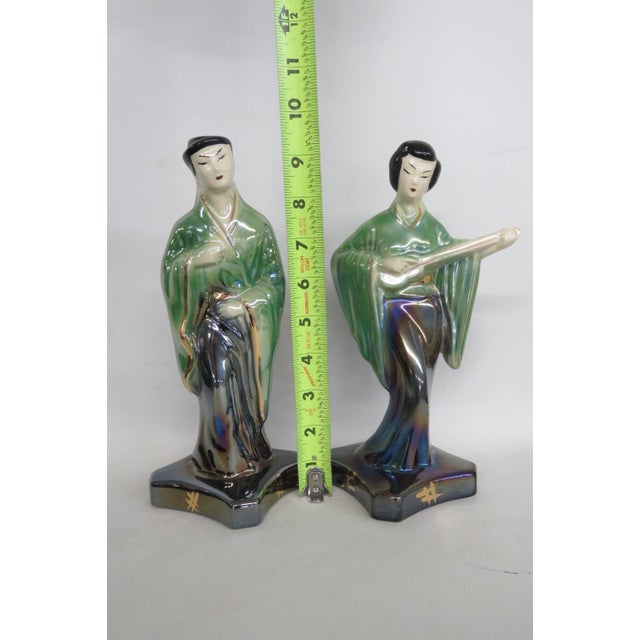 Mid 20th Century Japanese Eosin Glazed Ceramic Figurines Pair of 2 Iridescent Rainbow Sheen 5028b For Sale - Image 5 of 10