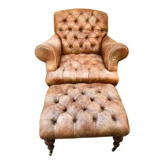Vintage Chesterfield Style Tufted Leather Club Chair & Ottoman For Sale