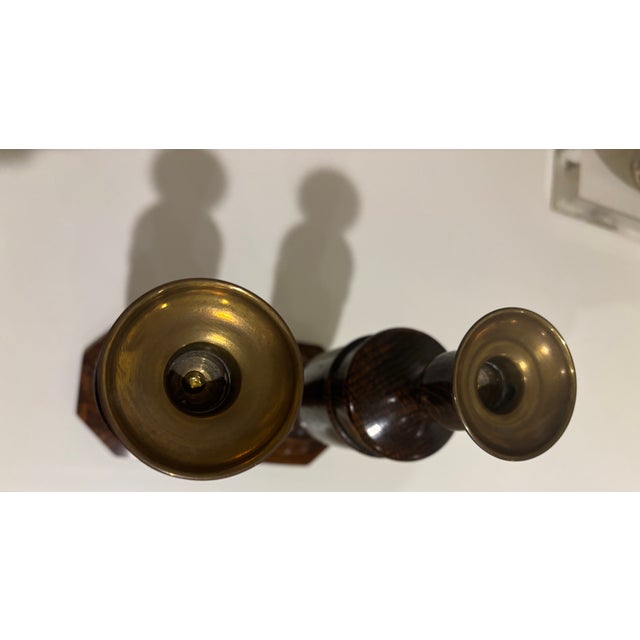Antique English Oak Turned Candlesticks With Brass Candle Cups - A Pair For Sale - Image 12 of 13
