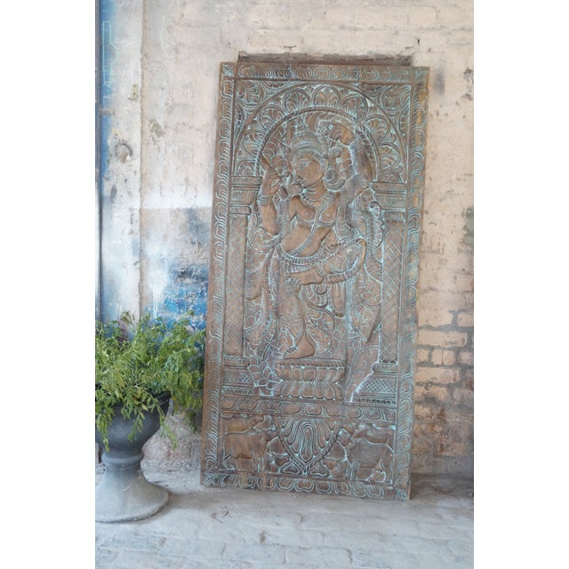 Mid-Century Modern Vintage Hand-Carved Krishna Wall Art – Fluting Krishna With Cow Wooden Temple Panel 72x36 For Sale - Image 3 of 6