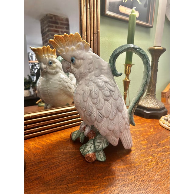 1991 Fitz and Floyd Sulfur Crested Cockatoo Palm Beach Majolica Style Pitcher For Sale - Image 10 of 12