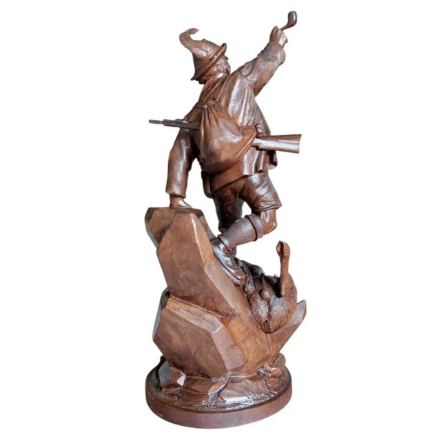 Brown Large Antique Hand-Carved Wooden Sculpture Tyrolean Hunter with Game, 1900 For Sale - Image 8 of 18
