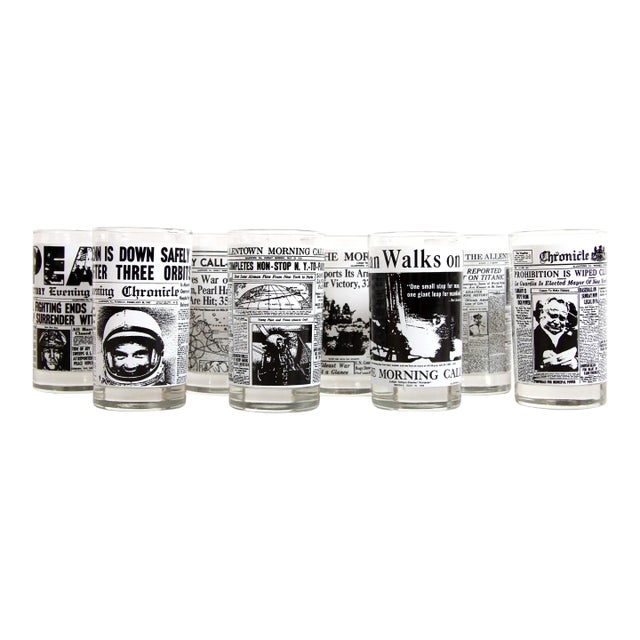 Vintage 1930's - 1960's Newspaper Cover Tumblers Cocktail Glasses - Set of 8 For Sale