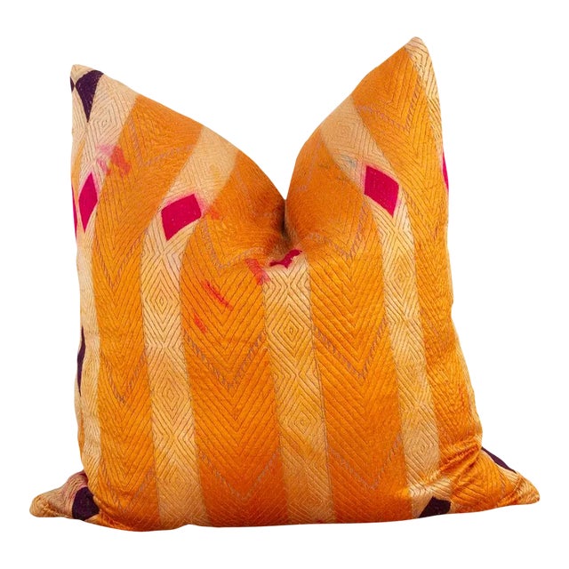 Orange Tango Silk Phulkari Pillow For Sale