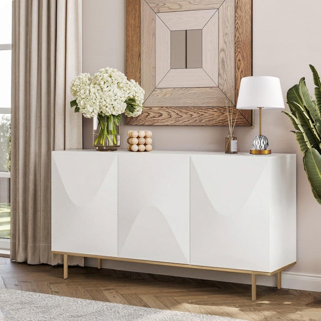 Modern Pasargad Home Polara Modern White Sideboard With Geometric Doors For Sale - Image 3 of 12