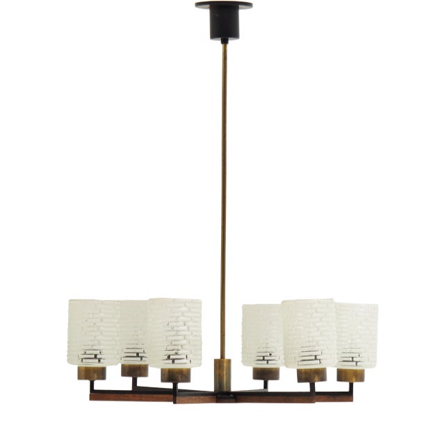 Vintage Six-Light Chandelier in Brass with Teak and Black Metal from Philips, 1960s For Sale