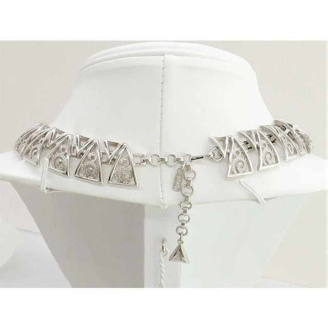 Vintage 1960s Signed Monet Rhodium Plated Interlocking V Shapes Collar Necklace For Sale In Philadelphia - Image 6 of 7