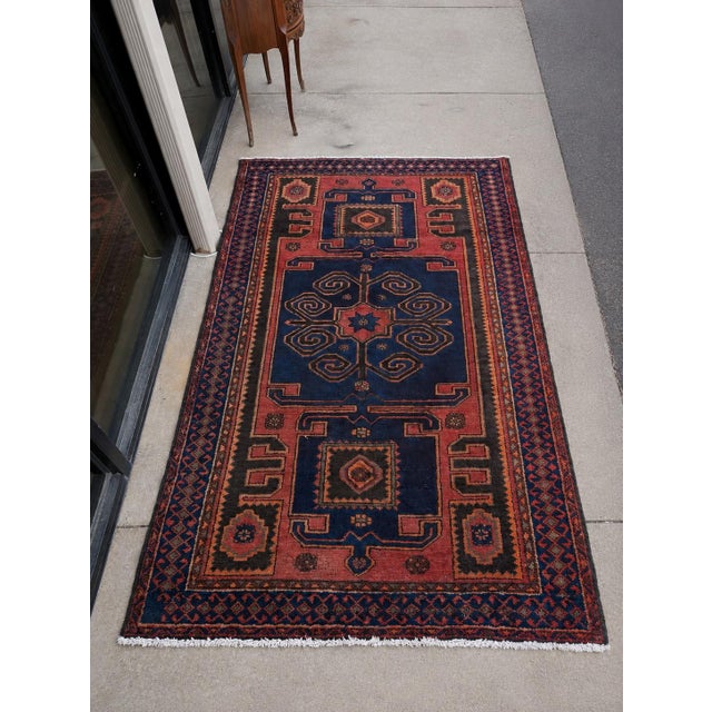 Tribal Mid-Century Hand Knotted Wool Rug - Navy Madder Tribal Geometric For Sale - Image 3 of 11