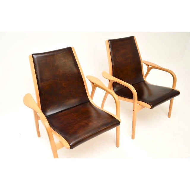 Wood Vintage Swedish Leather Lamino Armchairs attributed to Yngve Ekström for Swedese, 1970s, Set of 2 For Sale - Image 7 of 11