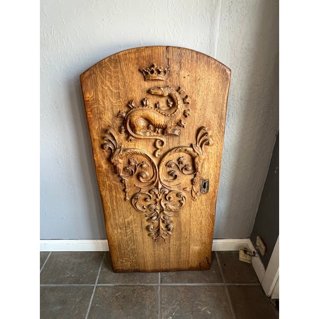 Vintage French Solid Oak Window Panel With Carved Crowned Dragon Motif For Sale - Image 4 of 7