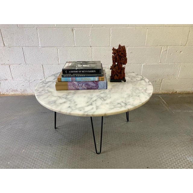Vintage Mid Century Italian White 36" Round Marble Coffee Table (#192) Fantastic vintage marble coffee table on hairpin...