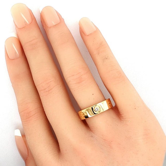 Contemporary Mid 20th Century Cartier Love 3 Diamond 18k Yellow Gold 5.5mm Band Ring Size 6 w/Paper For Sale - Image 3 of 7