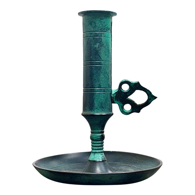 Vintage Oxidized Brass Candlestick With Candle Push Handle For Sale