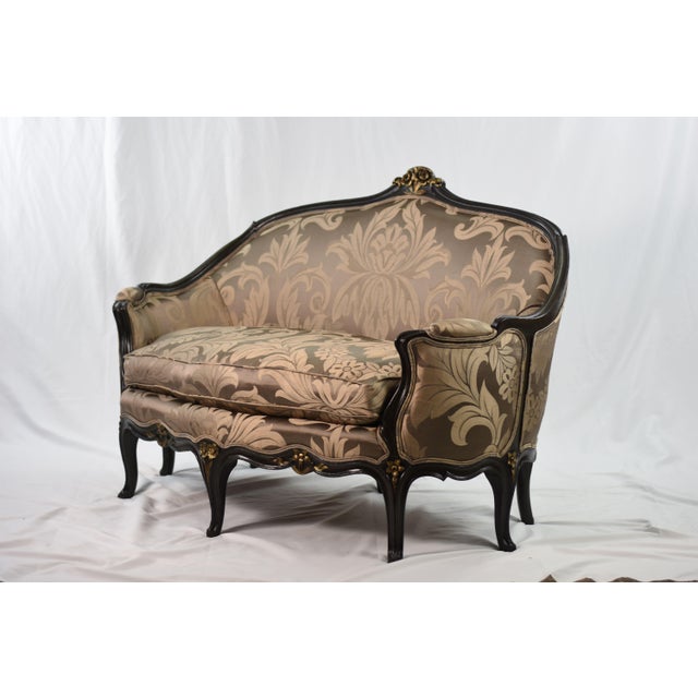 New Scalamandre Silk Damask on Restored Circa 1920 Antique Louis XV-style Canape, French Provincial Loveseat, Small Apartment Sofa or Settee For Sale - Image 11 of 12