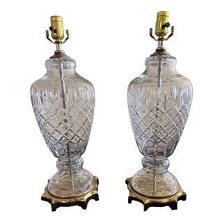 Vintage Waterford Style Elegant Large Crystal and Brass Table Lamps - a Pair For Sale