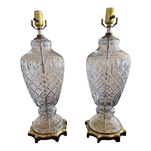 Vintage Waterford Style Elegant Large Crystal and Brass Table Lamps - a Pair For Sale