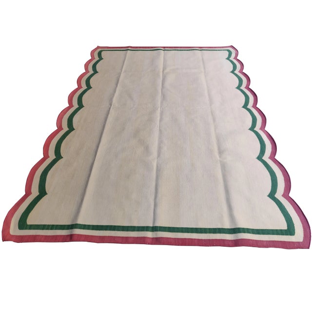 Casa Cosima Handmade Cotton Scalloped Rug, Cream with Green and Raspberry Border 6'x9' For Sale - Image 4 of 9