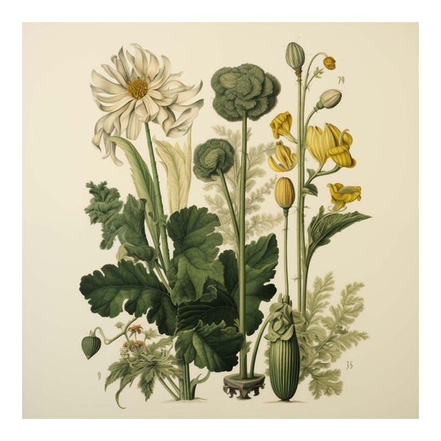 Vintage Botanical Garden Study No. 8 | Botanical Wall Art in Dark Green & Cream For Sale