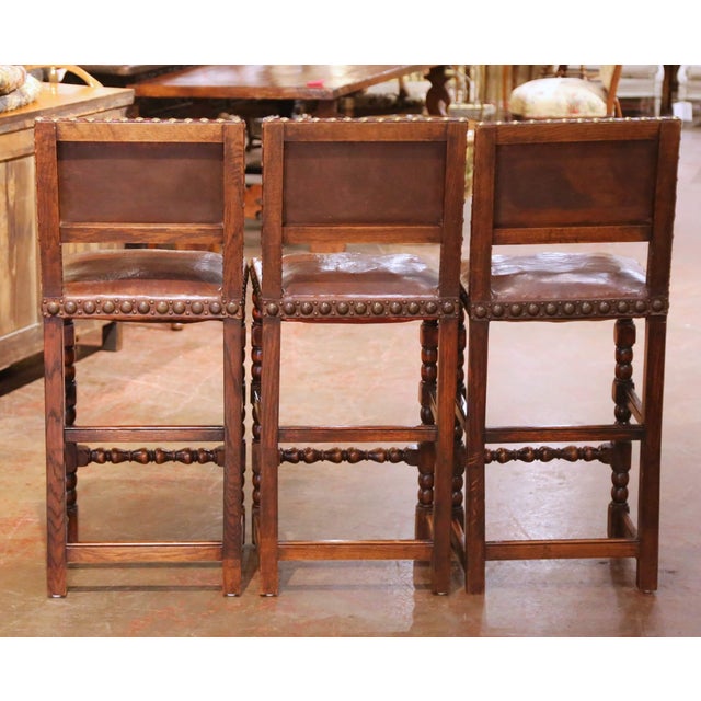 Brown Set of Three 19th Century French Gothic Carved Oak and Leather Bar Stools For Sale - Image 8 of 9