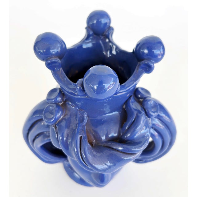 Sicilian Caltagirone Blue Glazed Ceramic Pottery Figurative Vase, Signed For Sale In Miami - Image 6 of 11