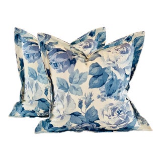 Designer P Kaufmann Aqua Blue Cream & Gray Floral Roses & Daisies Pillow Covers- a Pair For Sale
