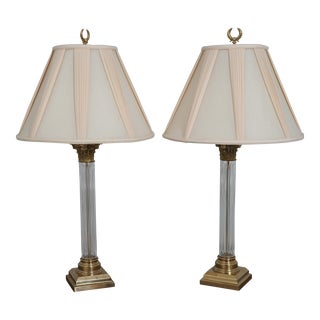 Pair Remmington Regency Style Crystal & Brass Column Lamps For Sale