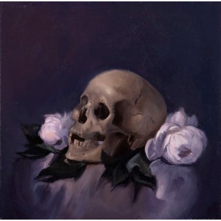 Momento Study by Ximena Rendon | Oil Painting of a skull surrounded by pink roses For Sale