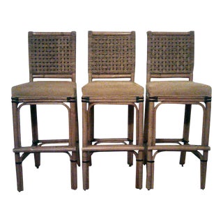Palecek Bamboo, Leather and Jute Barstools- Set of 3 For Sale