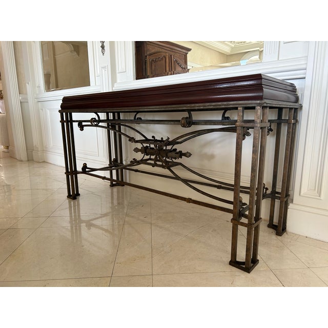 French Late 20th Century Wrought Iron Console Table With Inlaid Wood Top For Sale - Image 3 of 5