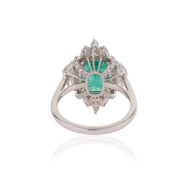 Regal 18k White Gold 3.31ct Zambian Emerald & 1.04ct Diamond Halo Cocktail Ring Size 4 For Sale - Image 9 of 17
