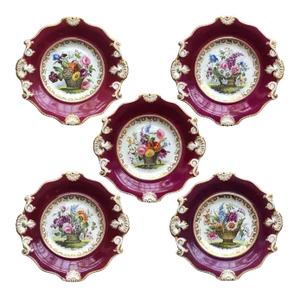 English Attributed to Samuel Alcock Porcelain Floral Basket Claret Ground Plates - Set of 5