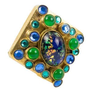 Henry Perichon Gilt Bronze Medieval Pin Brooch with Blue and Green Cabochons