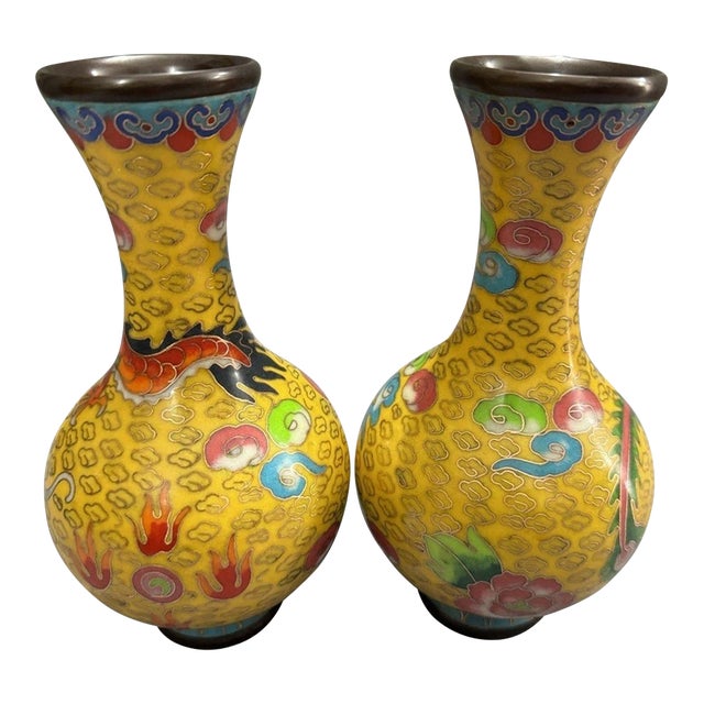 Pair of Vintage Yellow Cloisonné Enamel Dragon & Phoenix Vases For Sale