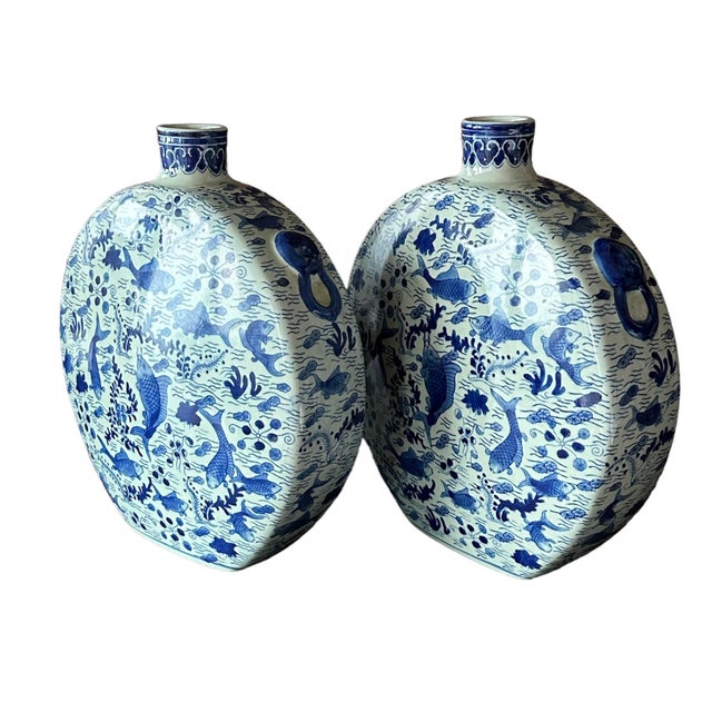 Pair of 1950s Blue & White Koi Fish Vases Chairish