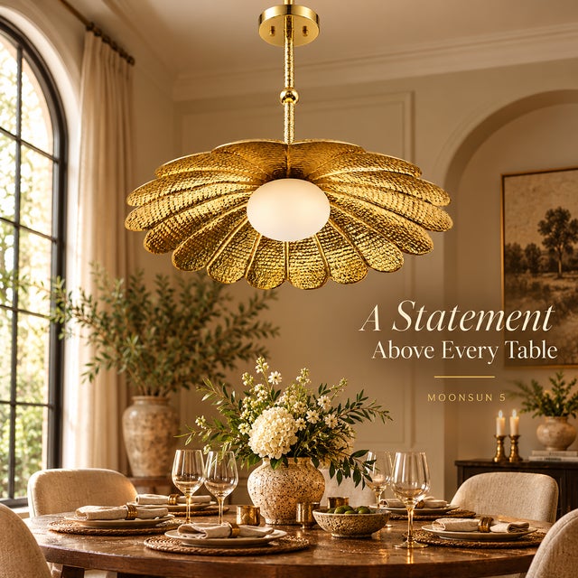 Handmade Brass Flower Chandelier, Hammered Floral Pendant Light, Art Deco Ceiling Fixture For Sale - Image 6 of 13