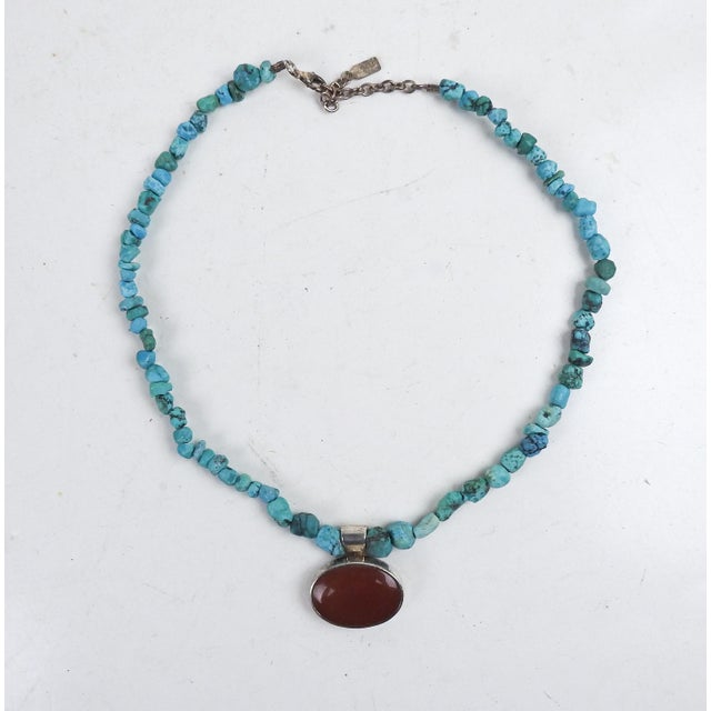 Rustic Turquoise Carnelian Sterling Silver Necklace For Sale - Image 3 of 8