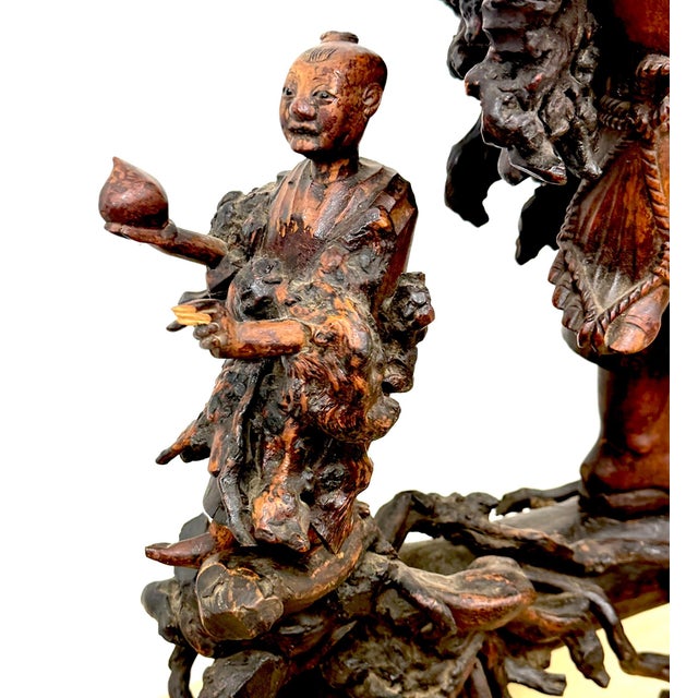 Monumental Chinese Rootwood (Burl) Daoist Sage with Attendants, Late Qing For Sale - Image 15 of 18