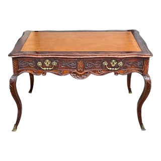 18th-C. French Louis XV Style Carved Oak Tooled Leather & Bronze Writing Desk / Table For Sale